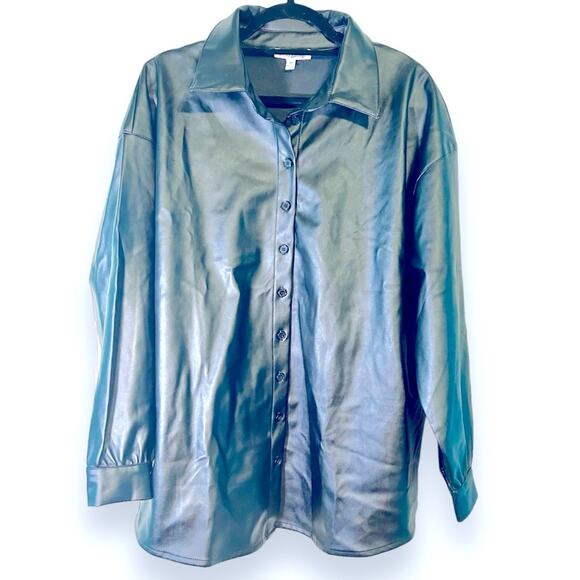 NWOT Pretty Garbage Black Lightly Lined Vegan Leather Button Down Shirt- Medium - Picture 1 of 4